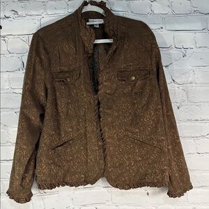 Coldwater Creek Y2K Ruffled Golden Brown Jacquard Floral Textured Blazer Cotton